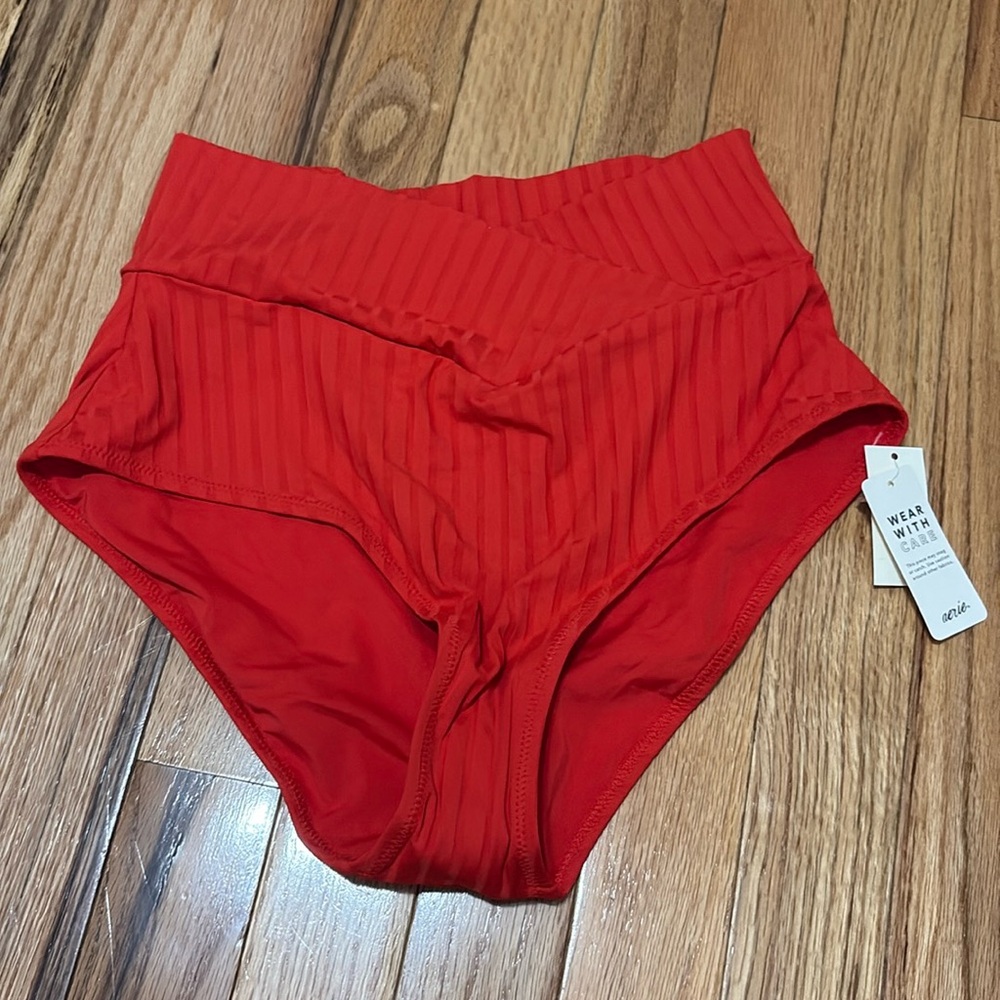 Aerie Red High Waist Crossover Bikini Bottoms with Full Coverage